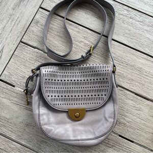 Fossil Emi Saddle Bag Gray Taupe Leather Crossbody Bag